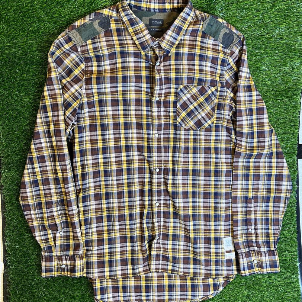 Buffalo David Bitton Western Shirt XL‎ Pearl Snap Brown Slim Stretch Cowboy